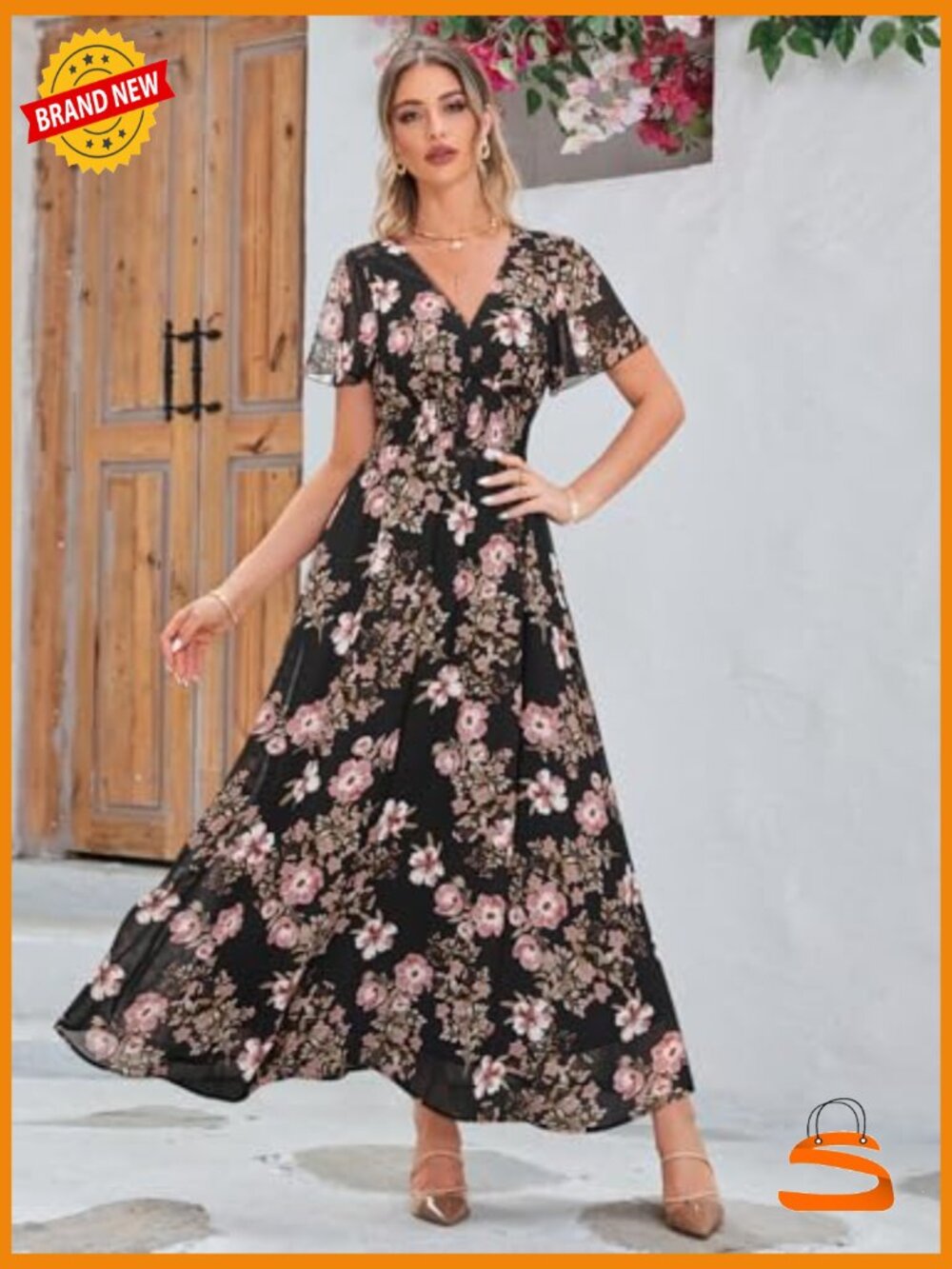 Boho Floral Maxi Dress Flowy V-Neck Short Sleeve Casual Wedding Guest - Picture 5 of 5